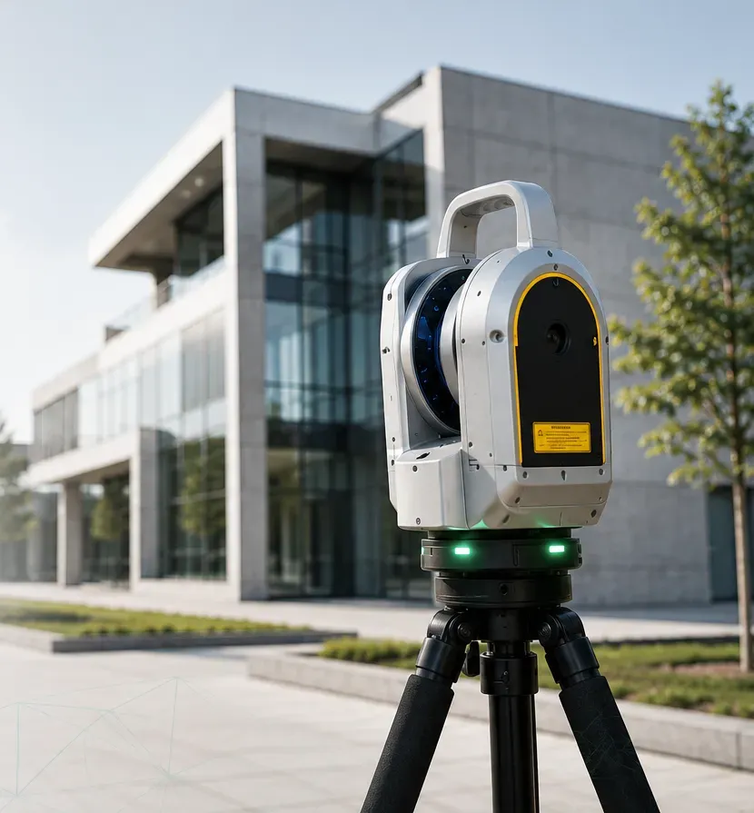 3D scanner in front of a modern building